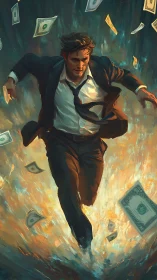 Corporate sprinter bursts through flames and flying dollars.