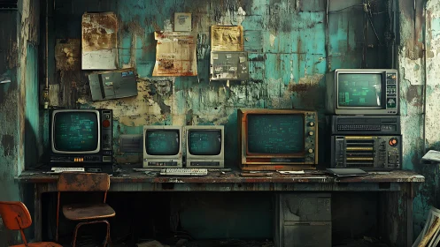 Retro control room with decaying teal walls and terminals.