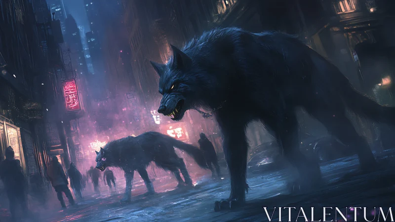 Midnight cyber wolves prowl a neon soaked futuristic street
