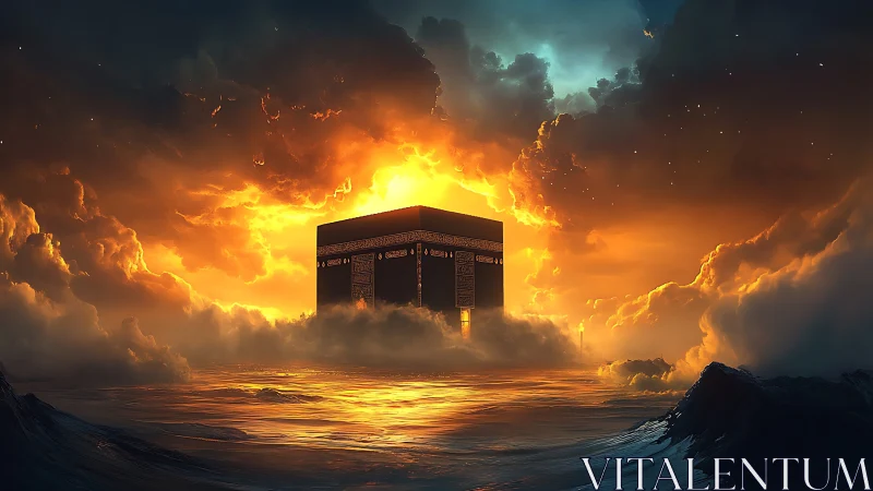 Kaaba illuminated within stormy celestial seascape vision.