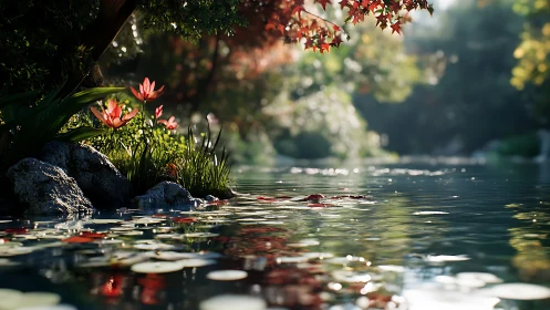 Sunlit pond lilies glow beside tranquil forest water.