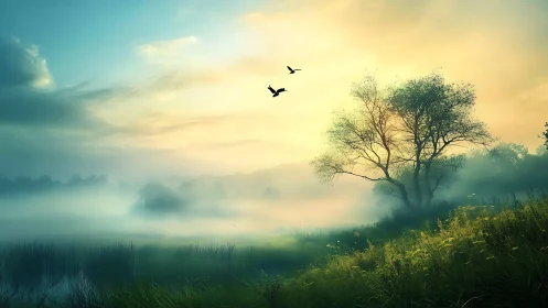 Mist-covered lakeside meadow with trees at sunrise period.