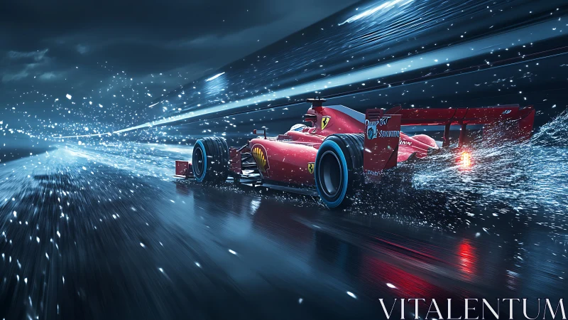 High-speed Formula car under dynamic rain with motion streaks