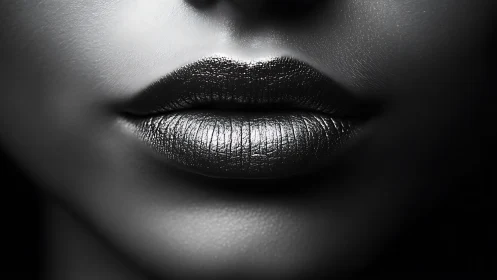 Monochrome closeup of glossy metallic lips in shadow.