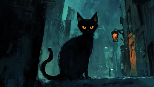 Black Cat with Glowing Eyes in Neon Urban Alley.