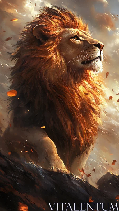 Majestic lion rendered in dramatic backlight atop rocky rise
