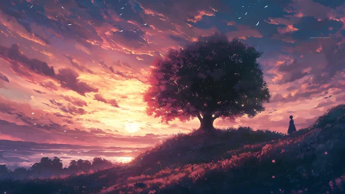 Solitary tree stands against vivid digital sunset sky