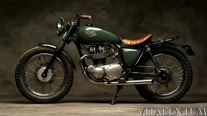 Vintage green scrambler motorcycle in studio side profile