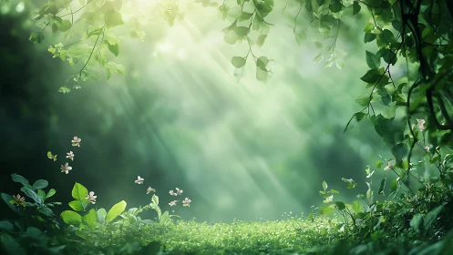 Sunlit forest glade opens into a tranquil, dreamlike sanctuary