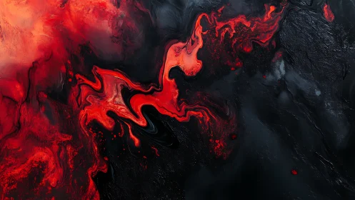Red and black fluid abstraction with swirling central forms.