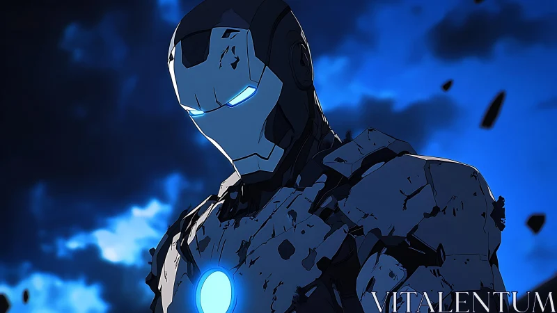 Battle-scarred cyber knight under storm-lit cobalt sky.