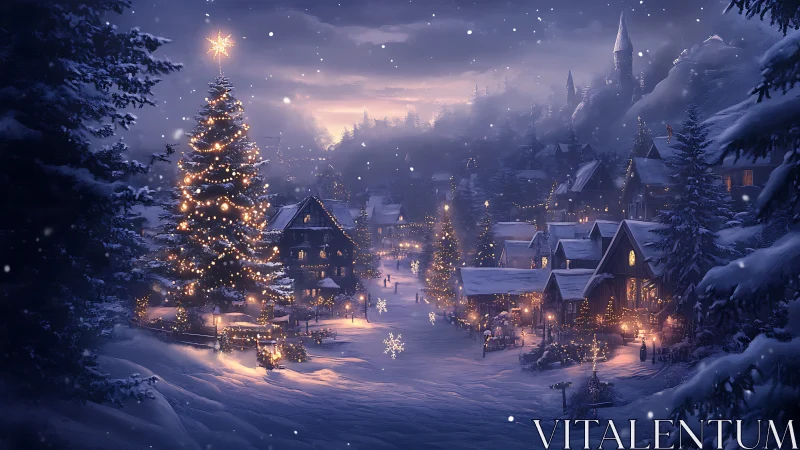 Snowy village Christmas lights glow in a tranquil winter dusk