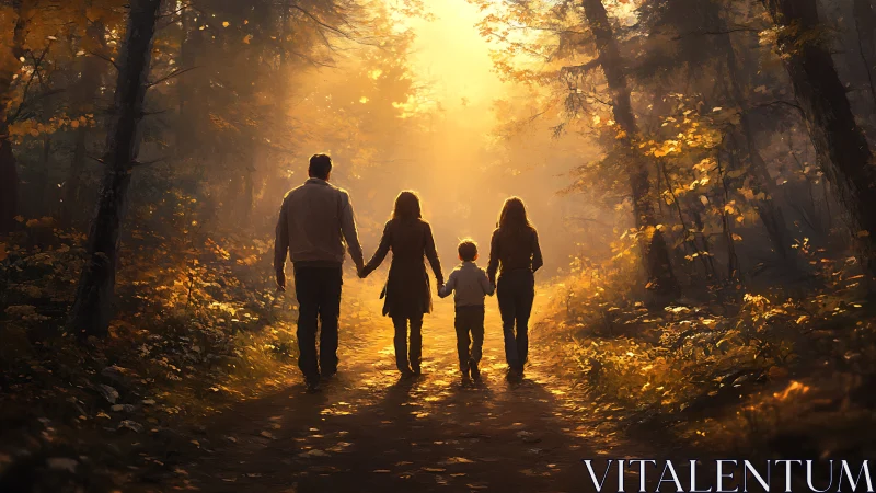 Family Group Walking Through Forested Path with Autumn Light.