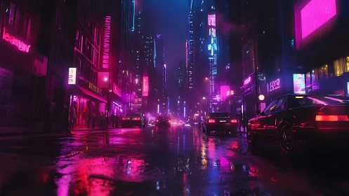 Neon soaked cyberpunk street glows through the rainy night