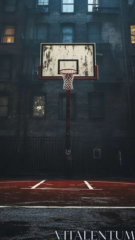 Urban outdoor basketball hoop on wet court at dusk.