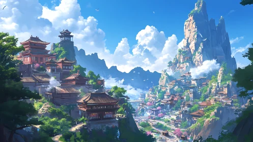 Vertical mountain citadel with terraced temples and waterfalls.