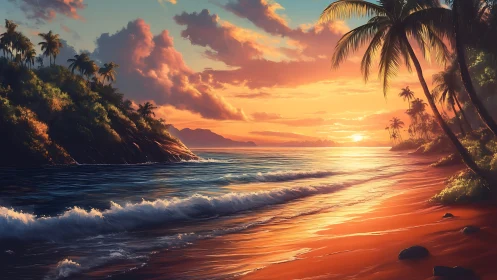 Tropical shoreline landscape under vivid sunset light.