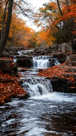 Autumn cascade whispers through flame-tipped forest stones.