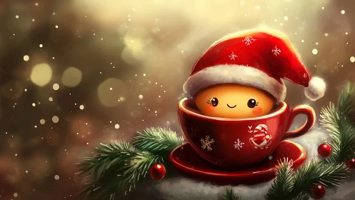 Chibi holiday character in glossy red teacup with soft bokeh lighting