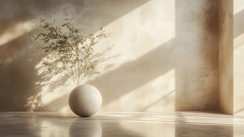 Sunlit minimalist interior highlights sculptural sphere planter
