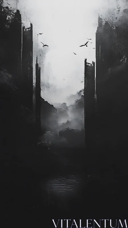 Misty gateway of ruined towers above a silent dark river.