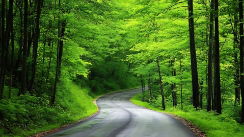 Serene winding road through lush green forest in springtime.