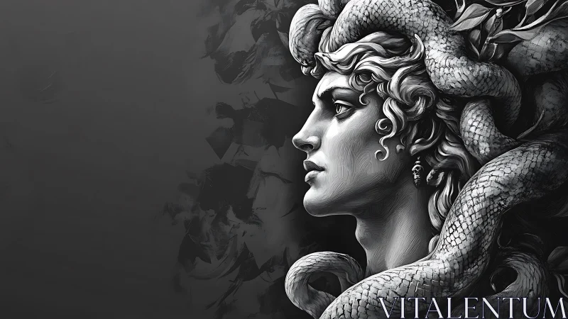 Monochrome side profile of gorgon-like figure with snakes.