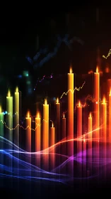 Neon financial candlestick skyline with glowing market waves.
