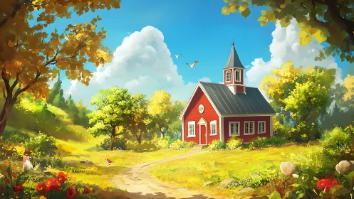 Sunny red countryside chapel in a bright peaceful meadow.