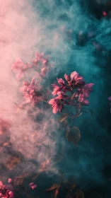 Pink blossoms in teal haze under moody cinematic light.