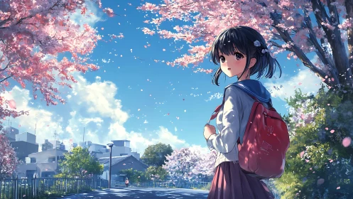Springtime schoolgirl under cherry blossoms in urban street