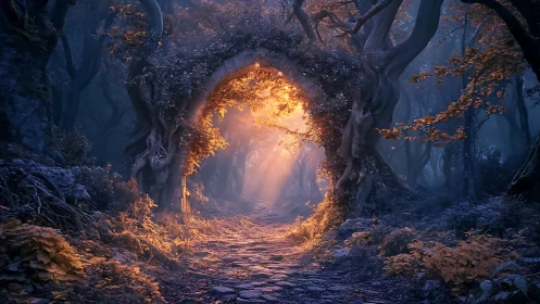 Stone archway frames illuminated forest path with foliage