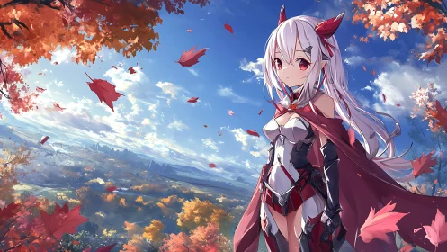 Horned anime warrior in autumn landscape under blue sky.