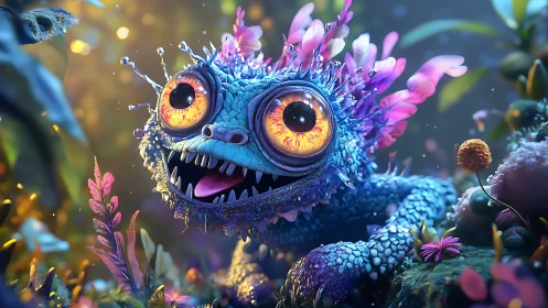 Bioluminescent chibi lizard creature with macro floral coral crest