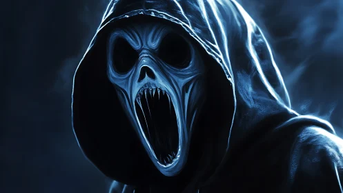 Hooded skeletal wraith screams in cold blue moonlight