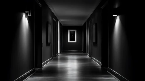 Minimalist black corridor holds single framed artwork at end