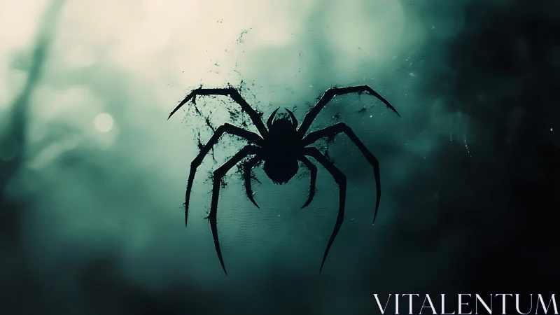 Silhouette spider suspended in moody teal misty light.