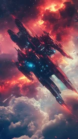 Colossal starship descends through burning cosmic clouds.