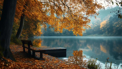 Quiet autumn lake bench inviting a gentle moment of pause.