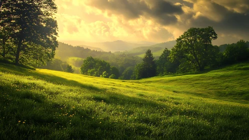 Sunlit hillside meadow under dramatic golden sky.
