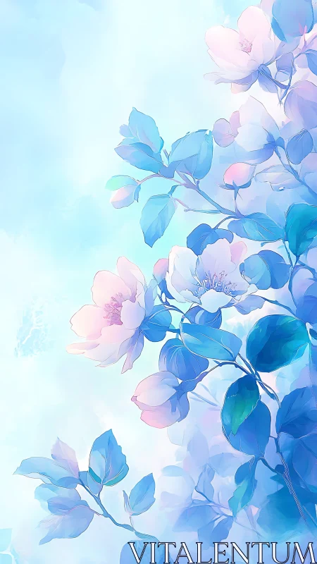Soft pastel magnolia blooms in luminous sky gradient.