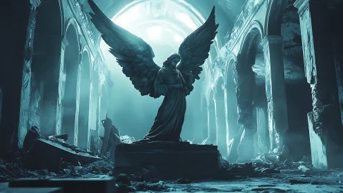 Angel statue stands in ruined cathedral amid ethereal light.