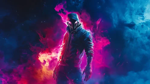 Hooded figure in neon flames against deep cosmic void.