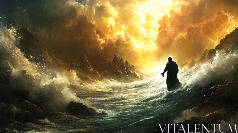 Prophetic figure walking through stormy parted sea.