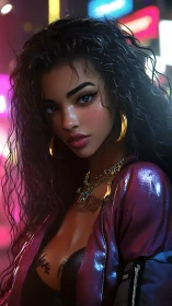 Neon-lit portrait of curly-haired woman in metallic jacket.
