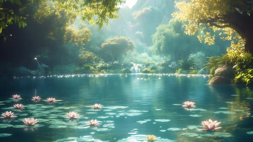 Sunlit forest pond with water lilies and distant waterfall.