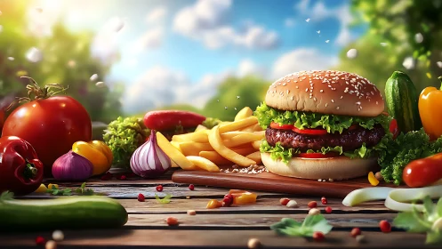 Gourmet burger with fries amid vibrant garden vegetables.