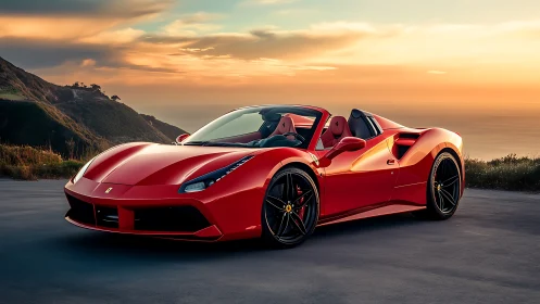 Red supercar convertible glows under coastal sunset sky.
