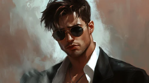 Brooding man in sunglasses stands in smoky, painterly light