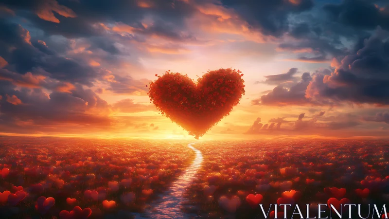 Heart-Shaped Cloud Formation Over Sunset Landscape.